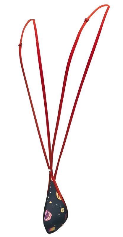 Red corded necklace with a dark teardrop pendant featuring colorful cosmic patterns from justin simon xsj04 sling psychedelic collection