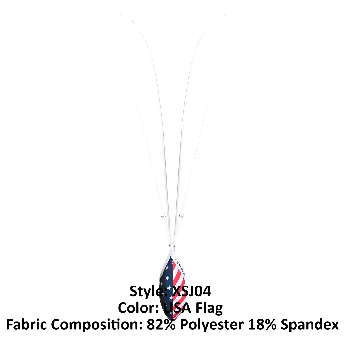 A white lanyard with a usa flag teardrop pendant made of 82% polyester and 18% spandex by justin simon