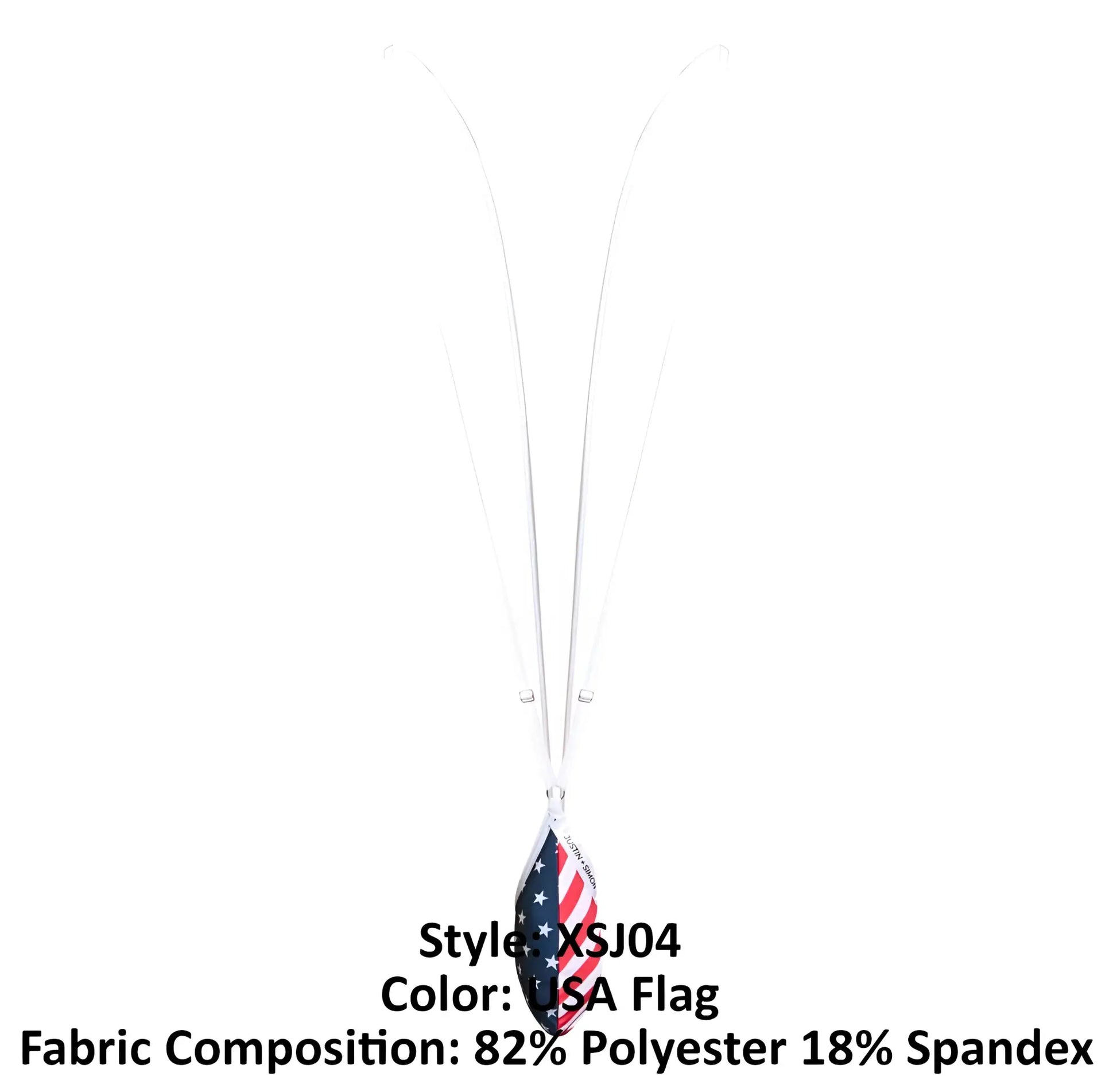 A white lanyard with a usa flag teardrop pendant made of 82% polyester and 18% spandex by justin simon