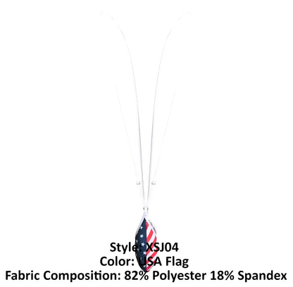 A white lanyard with a usa flag teardrop pendant made of 82% polyester and 18% spandex by justin simon