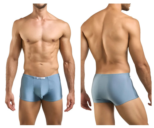 Light blue satin briefs with white brand tag at waistband part of justin simon xsj08 classic boxer metal green collection