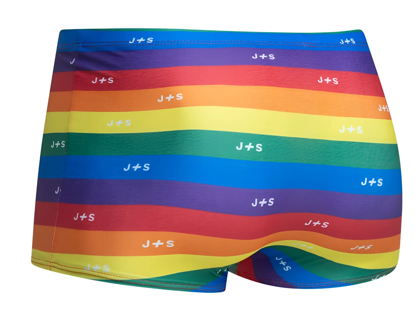 Rainbow-striped men’s boxer briefs with j plus s logo on each stripe from justin plus simon xsj08 pride flag collection