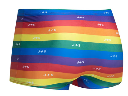 Rainbow-striped men’s boxer briefs with j plus s logo on each stripe from justin plus simon xsj08 pride flag collection