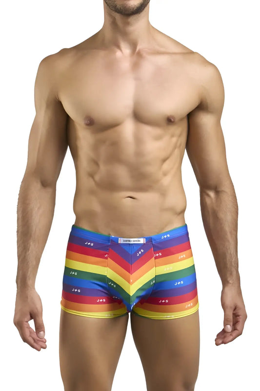 Classic boxer briefs justin simon xsj08 with vibrant rainbow chevron stripes and repeating js logo on elastic waistband