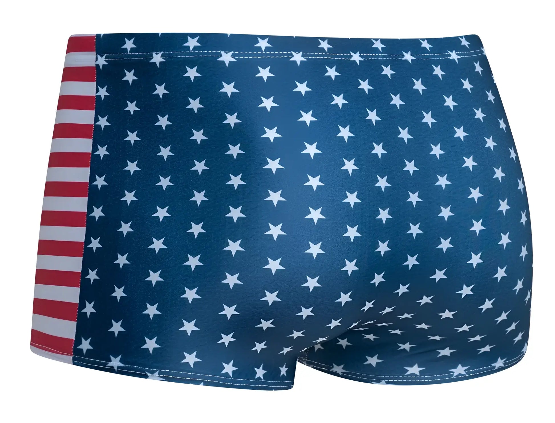 Blue swim trunks with white stars and red white striped side panel from justin simon classic boxer color usa flag collection
