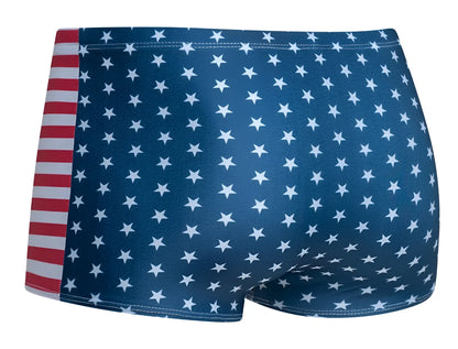 Blue swim trunks with white stars and red white striped side panel from justin simon classic boxer color usa flag collection