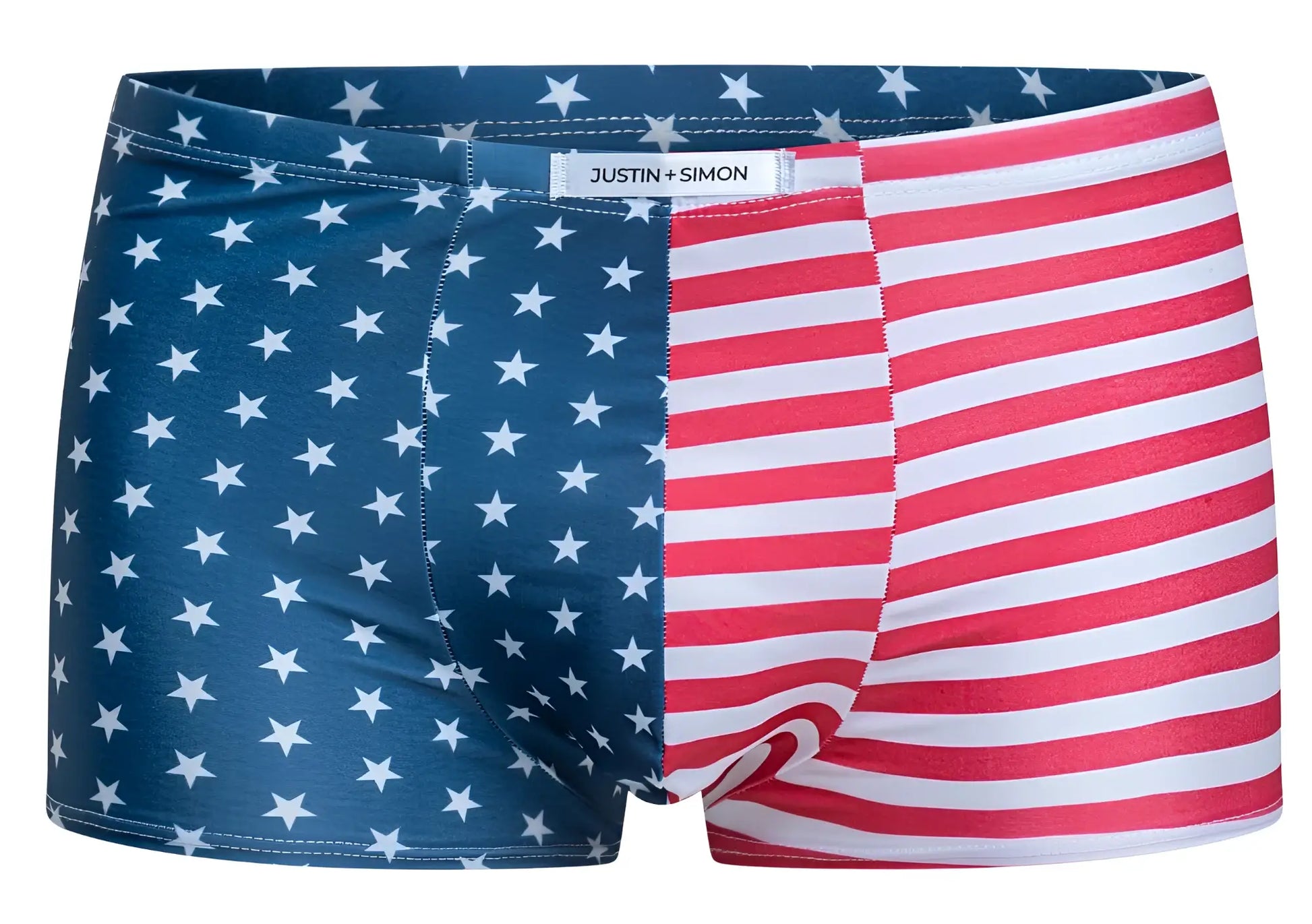Justin simon xsj08 classic boxer briefs in usa flag design with navy stars and red white stripes split pattern