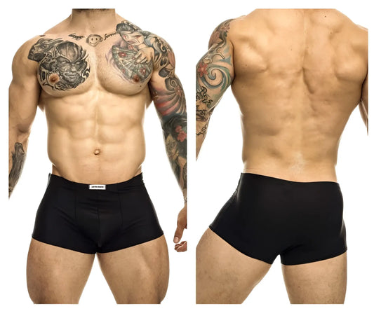 Black justin simon xsj08 classic trunks with a white brand tag on the waistband designed for athletic use