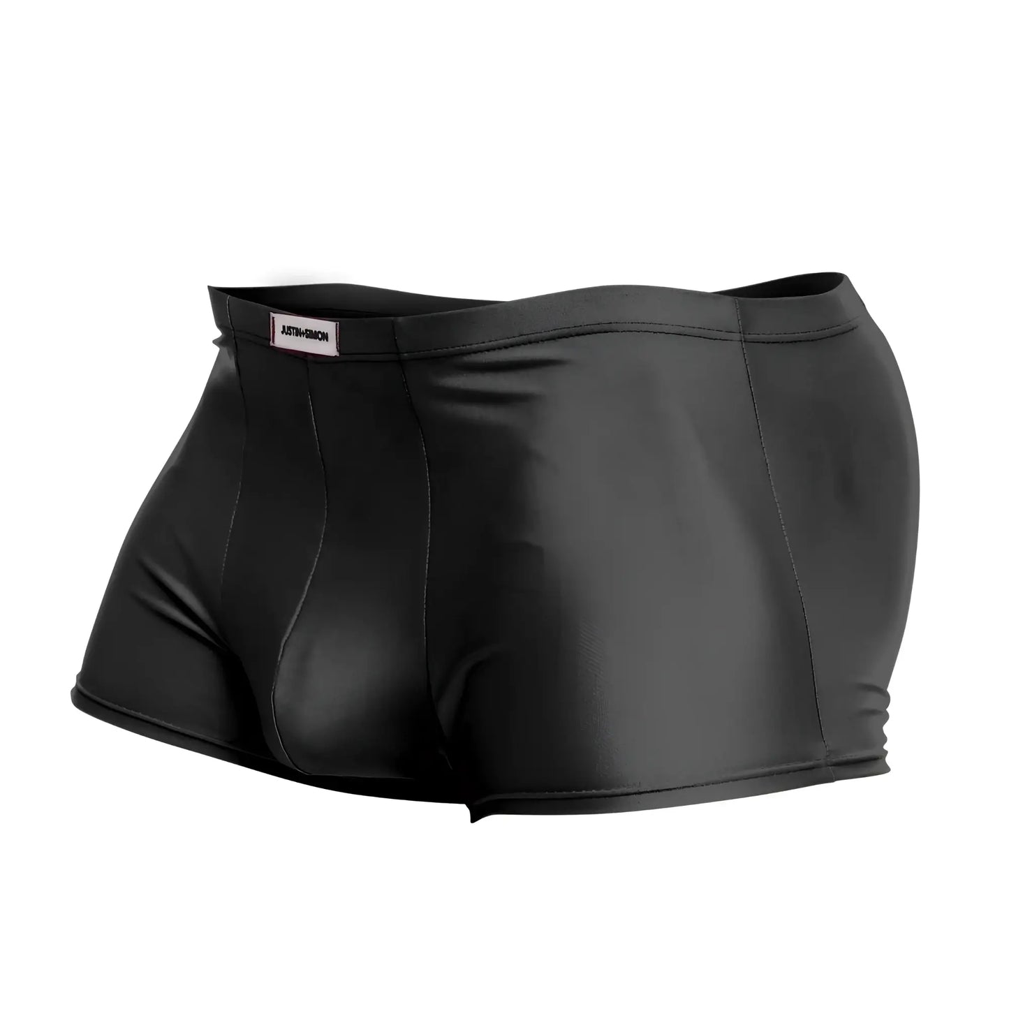 Black shiny form-fitting men’s briefs justin simon xsj08 classic trunks with smooth material and subtle waistband label