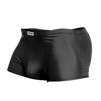 Black shiny form-fitting men’s briefs justin simon xsj08 classic trunks with smooth material and subtle waistband label