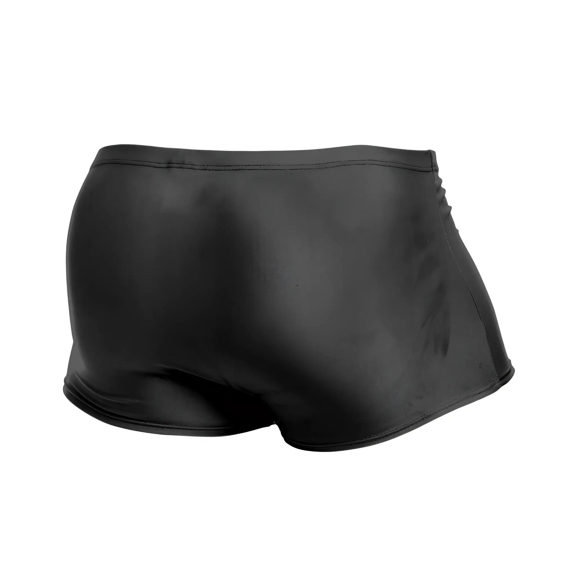 Black shiny form-fitting swim trunks with a smooth glossy finish from justin simon xsj08 classic trunks collection