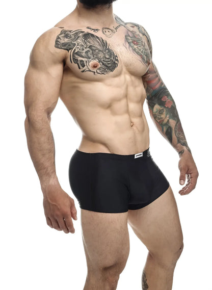 Black briefs justin simon xsj08 classic trunks with small white logo on waistband in black color