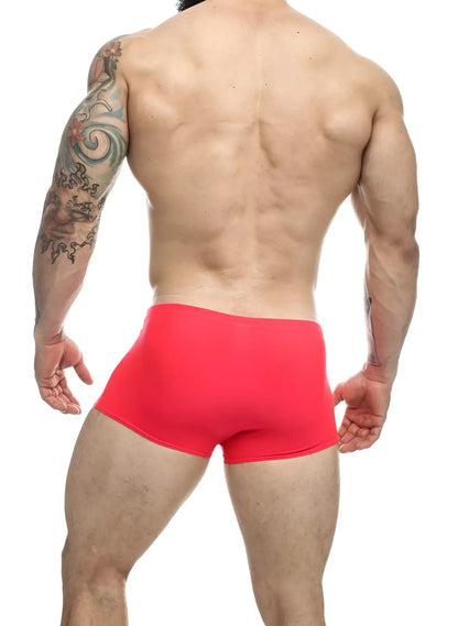 Bright red form-fitting boxer briefs from justin simon xsj08 classic trunks color coral made of soft fabric