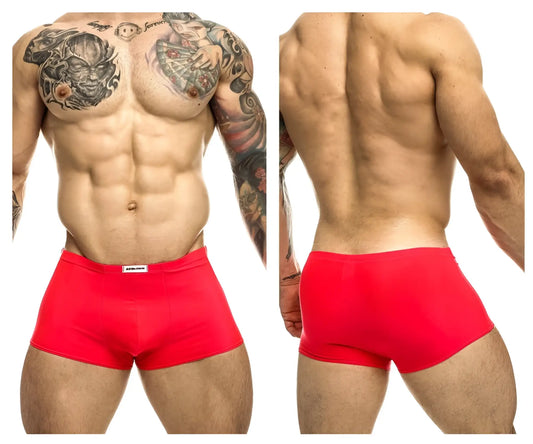 Bright red justin simon xsj08 classic trunks form-fitting boxer briefs with white brand tag at waistband