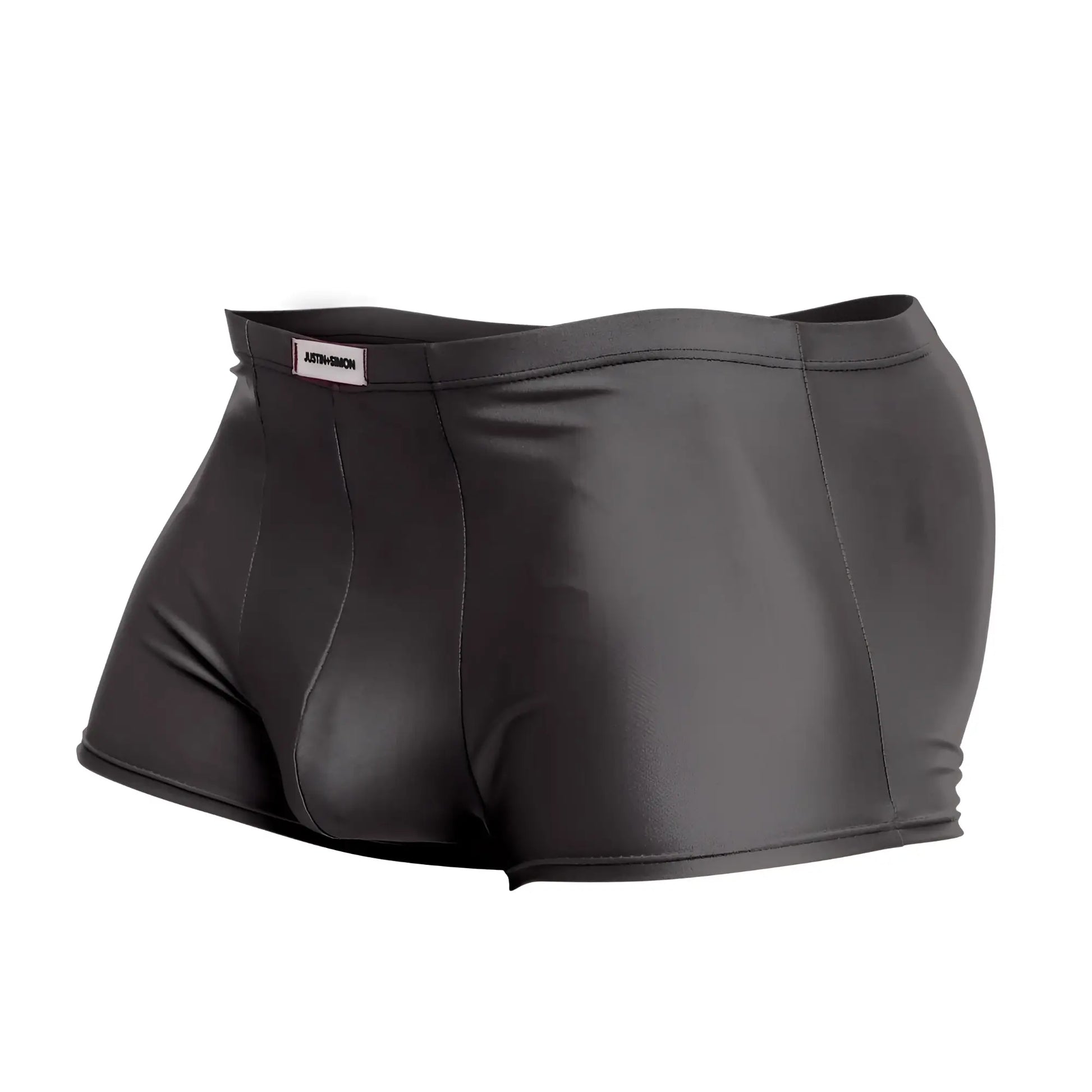 Black shiny faux leather briefs with sleek form-fitting design and branded waistband in justin+simon xsj08 classic trunks gray