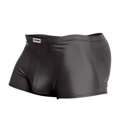 Black shiny faux leather briefs with sleek form-fitting design and branded waistband in justin+simon xsj08 classic trunks gray