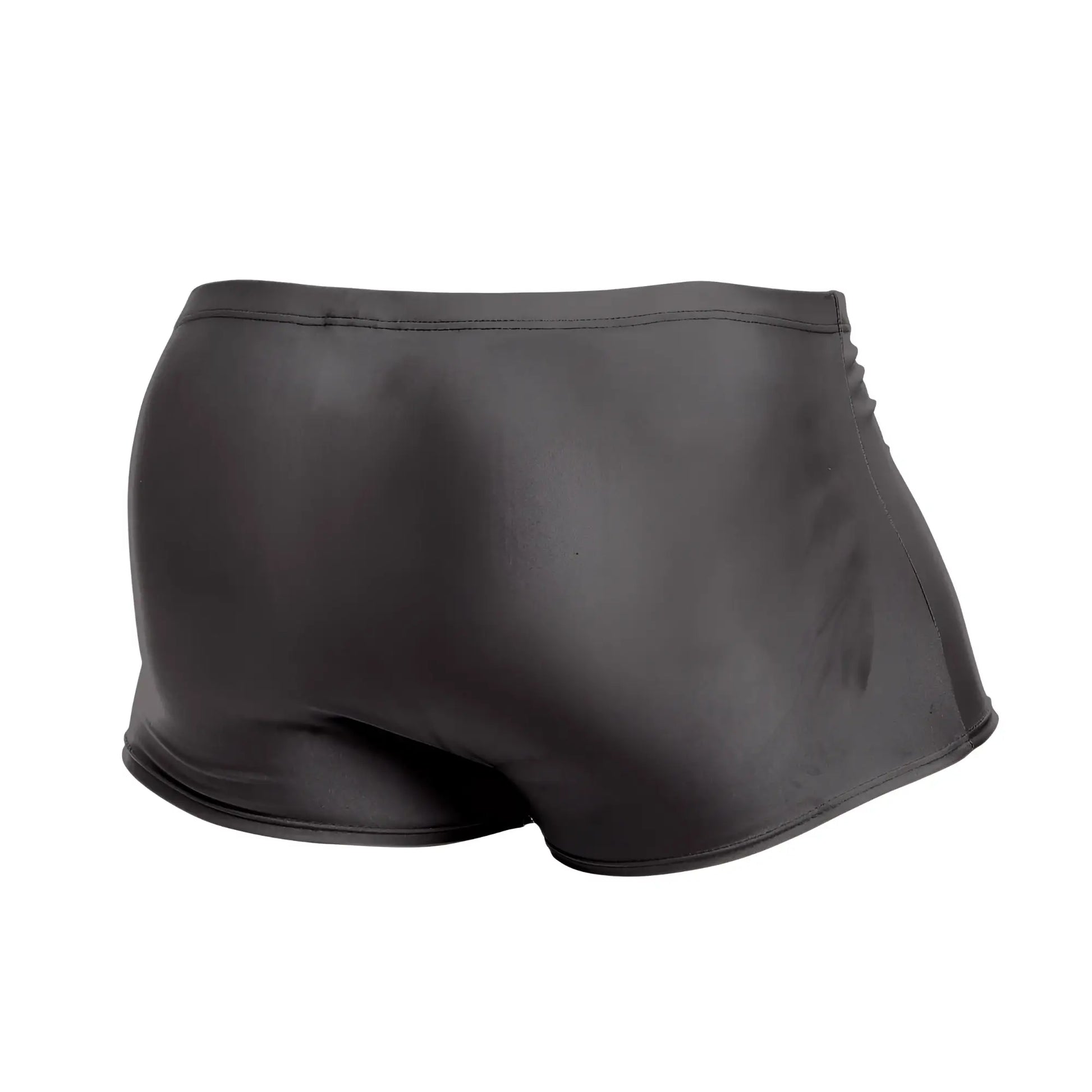 Justin+Simon XSJ08 classic black shiny form-fitting swim trunks with a smooth glossy finish for swimming