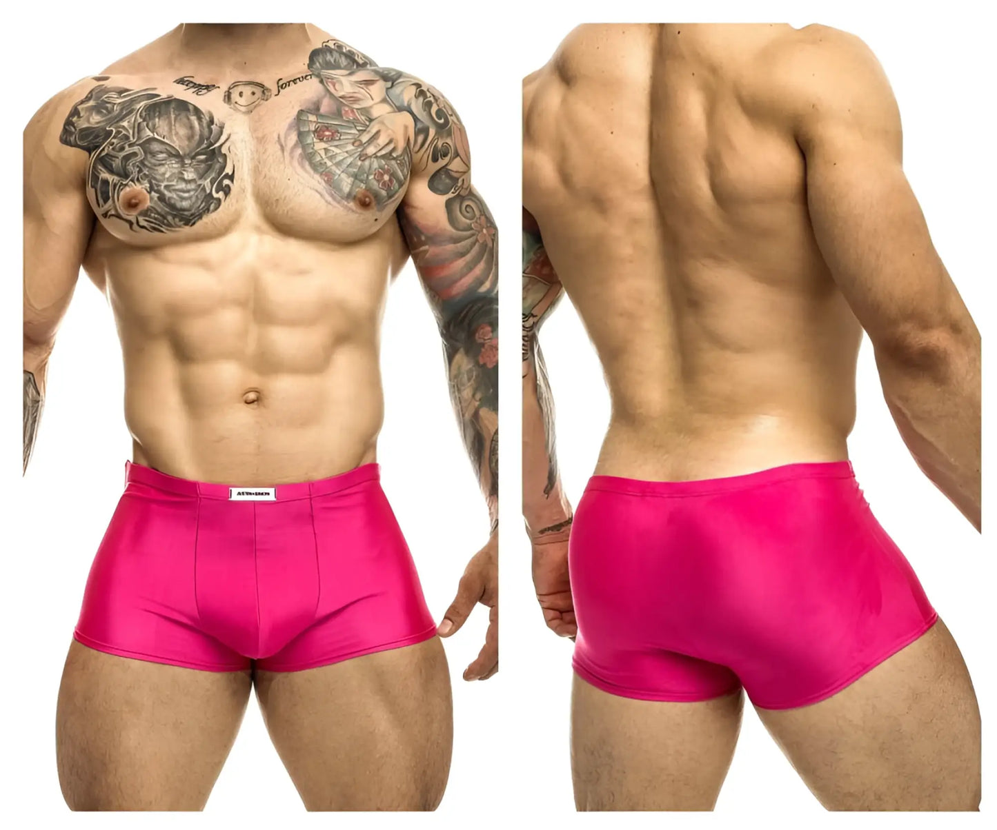 Justin simon xsj08 classic trunks in bright pink shiny fabric with a small white brand tag at the waistband