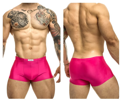Justin simon xsj08 classic trunks in bright pink shiny fabric with a small white brand tag at the waistband