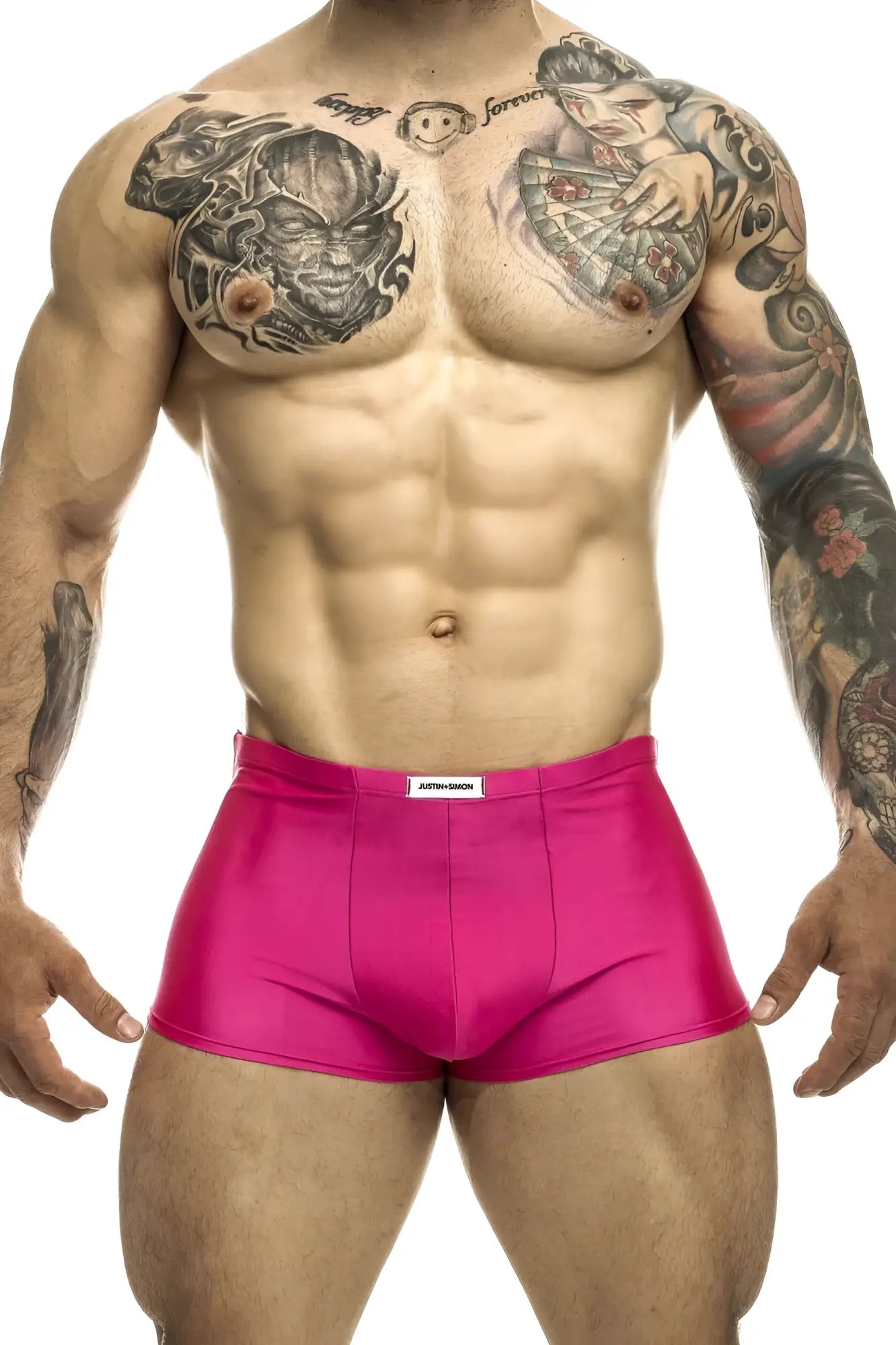 Bright pink shiny fabric briefs with white justin simon brand tag at waistband classic trunks xsj08 hot pink