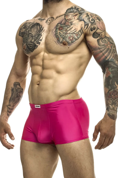 Bright pink shiny fabric briefs with a white brand tag on the waistband from JUSTIN SIMON XSJ08 classic trunks collection