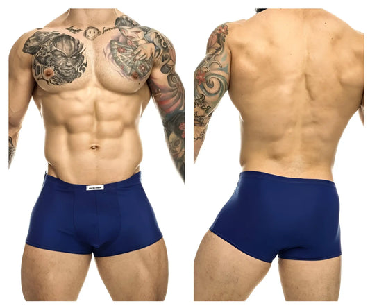 Navy blue justin simon xsj08 classic trunks with a small white brand tag at the waistband front side view