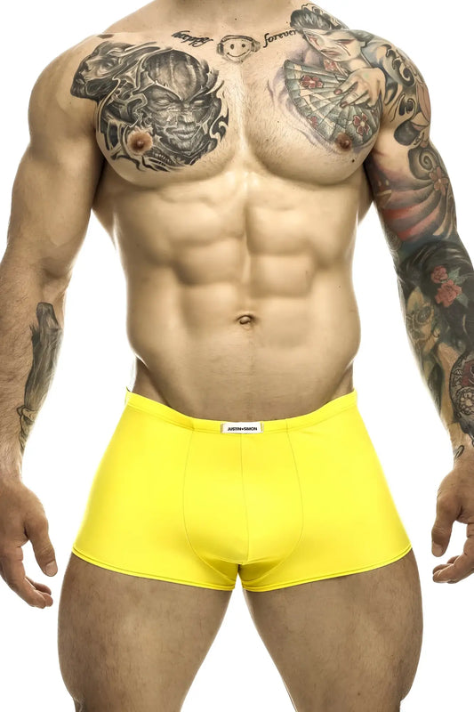 Justin+Simon XSJ08 classic trunks bright yellow athletic briefs with small white brand tag at the waistband