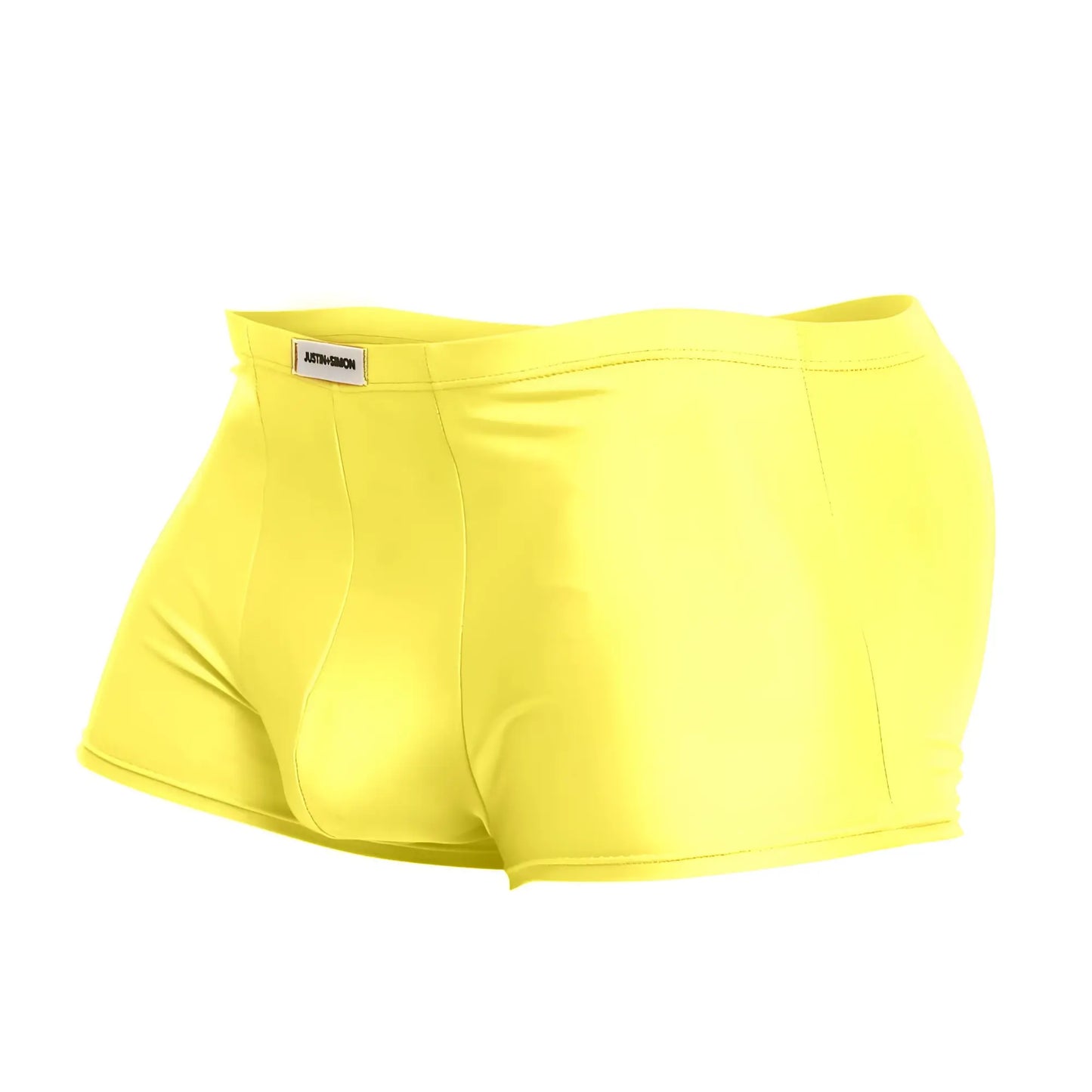 Bright yellow justin simon xsj08 classic trunks with sleek fitting smooth stretchy fabric and subtle waistband brand tag