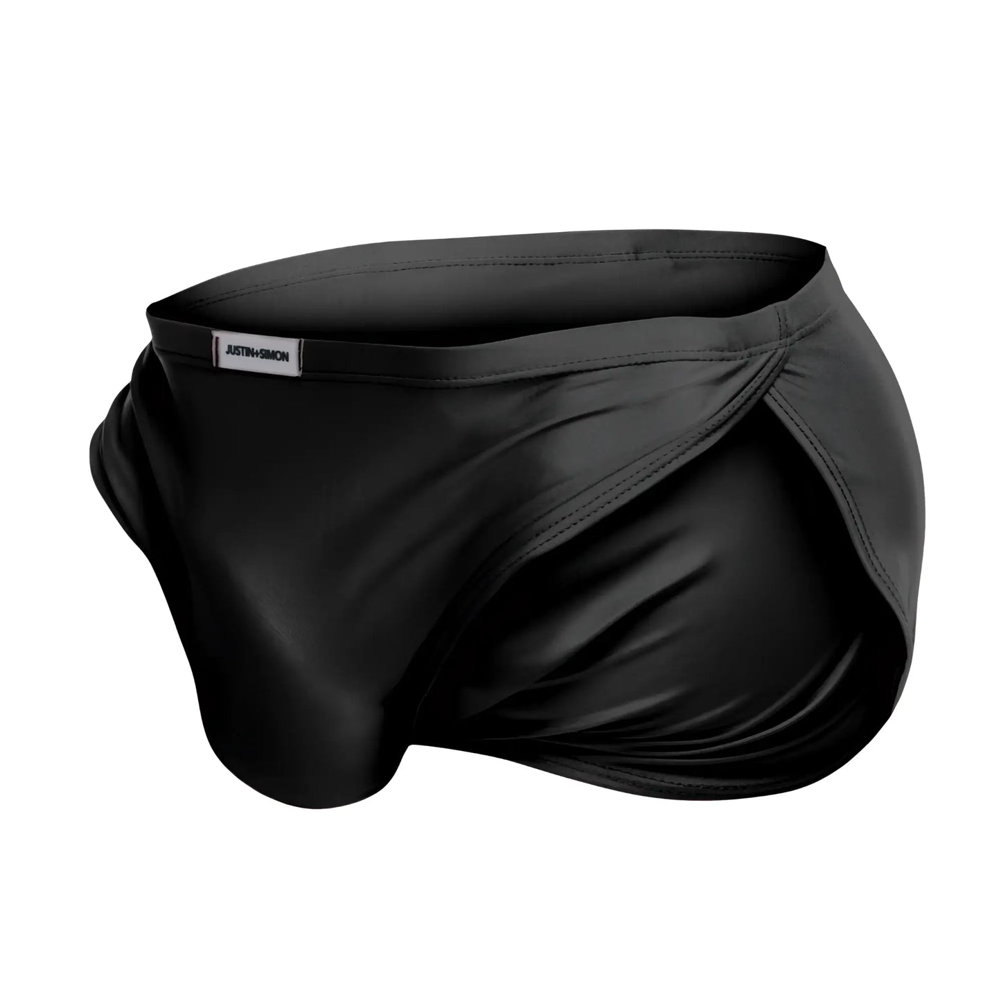 Black satin-like justin simon xsj09 running shorts with sleek form-fitting design and subtle waistband brand tag