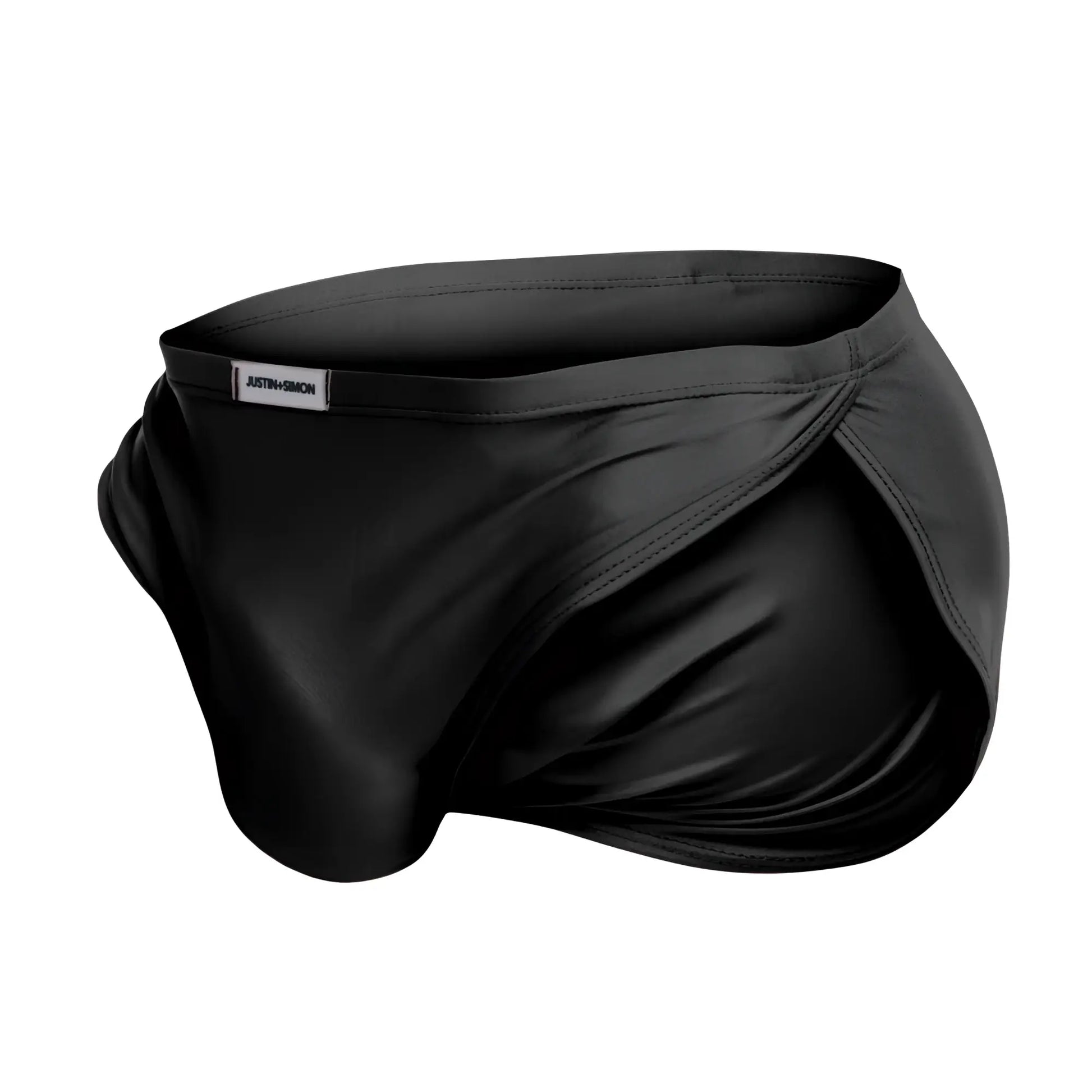 Black satin-like justin simon xsj09 running shorts with sleek form-fitting design and subtle waistband brand tag
