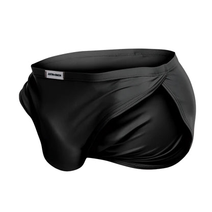 Black satin-like justin simon xsj09 running shorts with sleek form-fitting design and subtle waistband brand tag