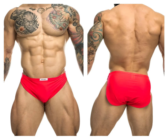 Bright red coral justin simon xsj09 running shorts with a form-fitting design and small white waistband label