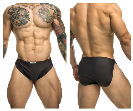 Black athletic briefs with a small white brand tag on the waistband featured in justin simon xsj09 running shorts gray