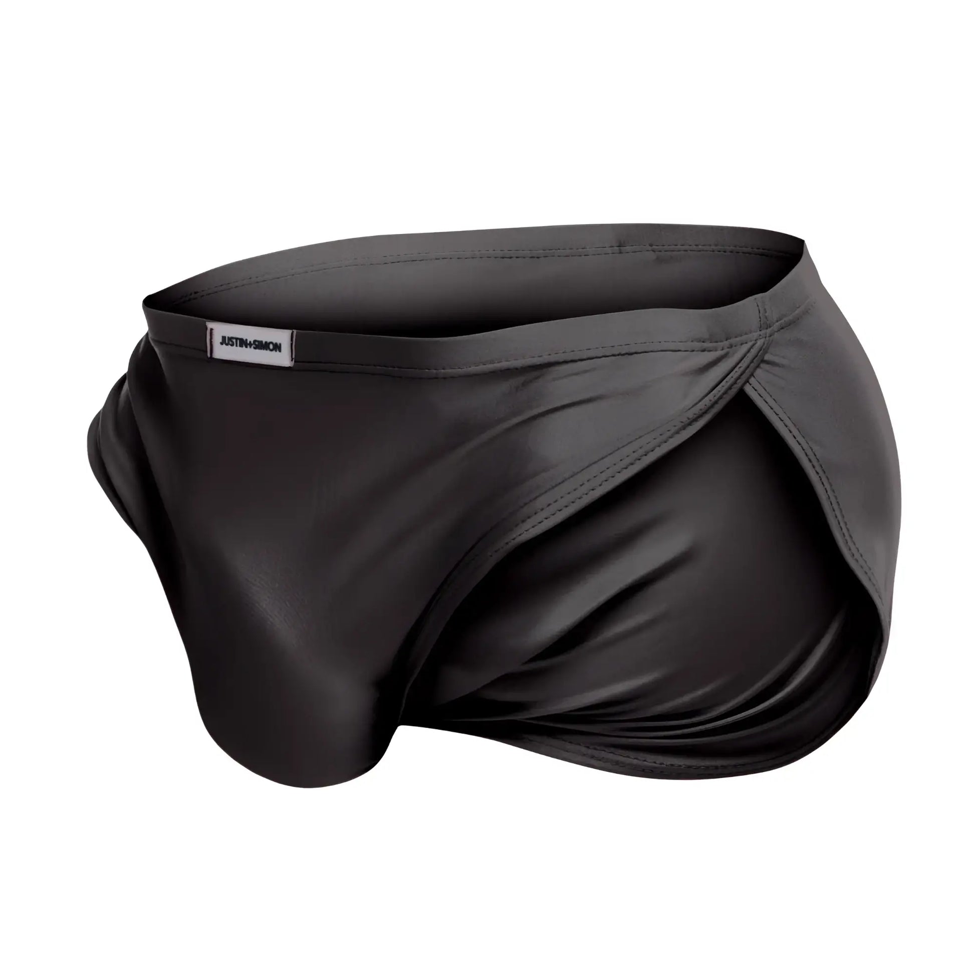 Black satin-like men’s briefs with sleek smooth texture and subtle sheen from justin simon xsj09 running shorts gray collection