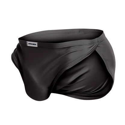 Black satin-like men’s briefs with sleek smooth texture and subtle sheen from justin simon xsj09 running shorts gray collection