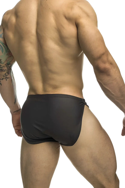 Justin simon xsj09 running shorts in gray featuring sleek black form-fitting swim trunks with smooth material and side slit