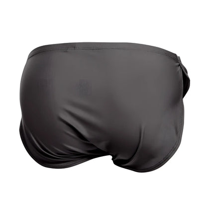 Justin+Simon XSJ09 running shorts in gray with smooth satin-like black swim trunks fabric and subtle side seam detail