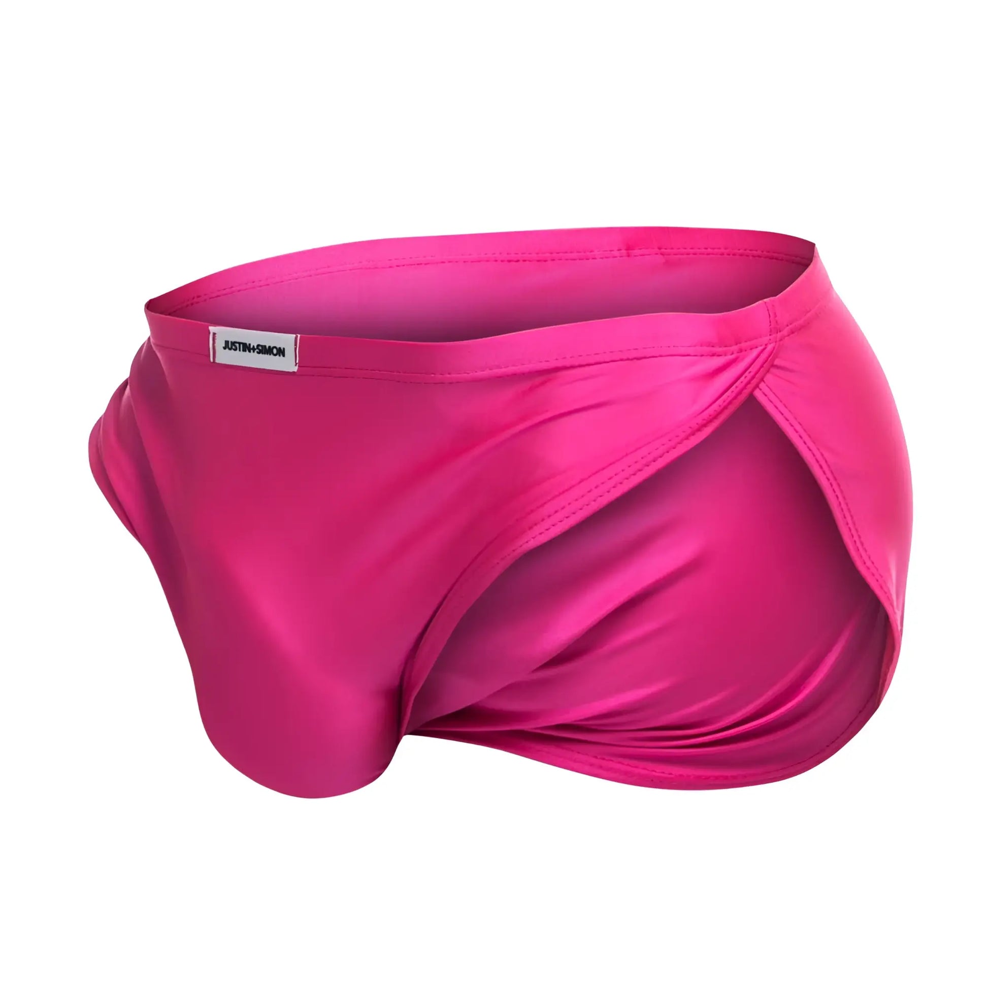 Justin simon xsj09 hot pink satin running shorts with sleek modern design and branded label
