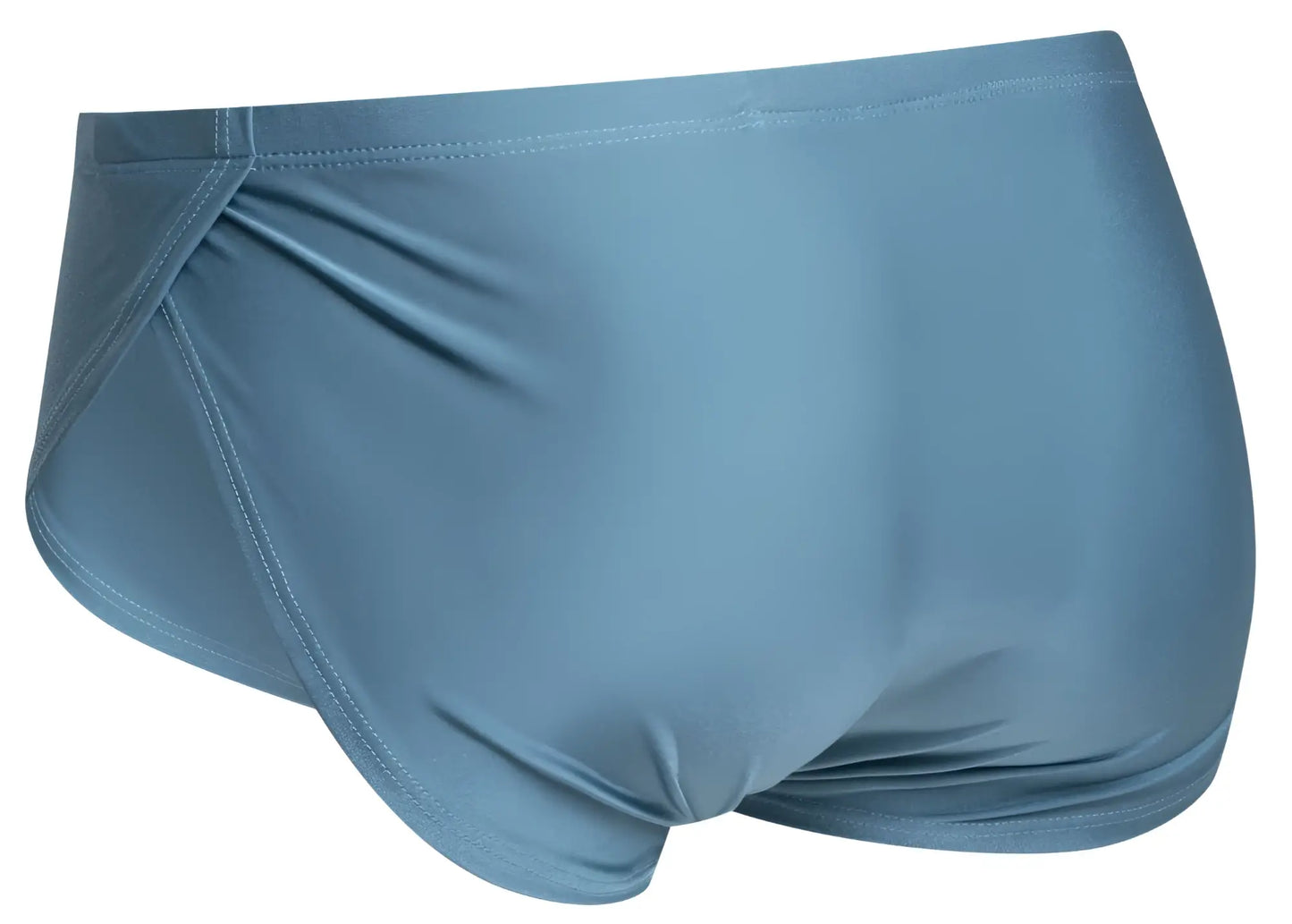 A sleek light blue athletic brief with smooth stretchy fabric and clean waistband stitching for running use