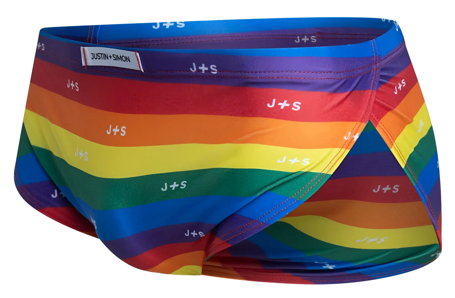 Rainbow-striped men’s briefs with j+s logo on each color band from justin+simon xsj09 running shorts color pride flag