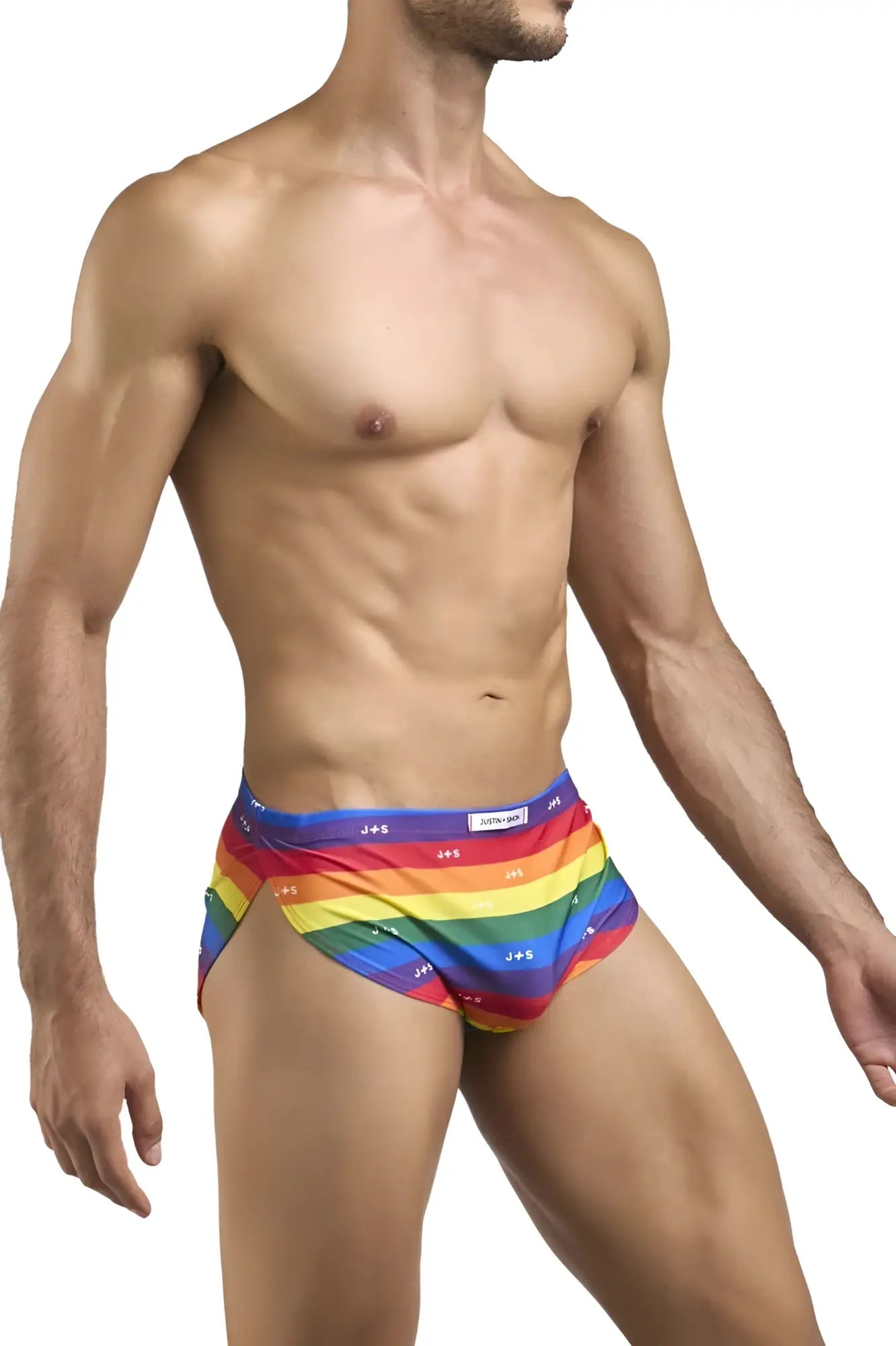 Justin simon xsj09 rainbow-striped men’s briefs with snug fit elastic waistband featuring pride flag colors