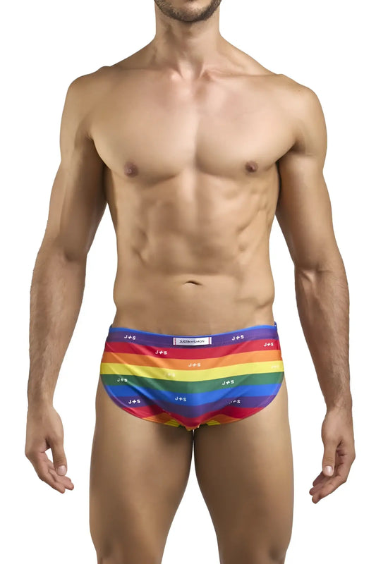 Rainbow-striped justin simon xsj09 running shorts with a repeating js logo waistband in pride flag colors