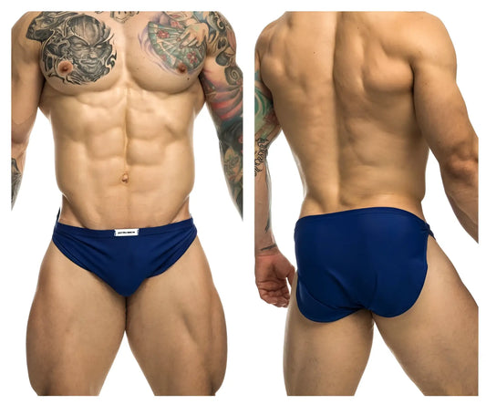 Navy blue Justin Simon XSJ09 running briefs with white brand tag on waistband designed for athletic use