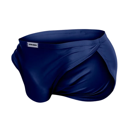 Navy blue satin justin simon xsj09 running swim trunks with sleek form-fitting design and branded waistband label