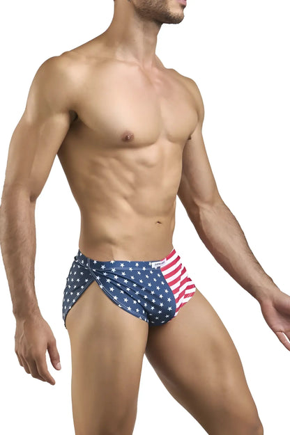 Justin Simon XSJ09 running shorts in blue and red with USA flag pattern and white stars for athletic use