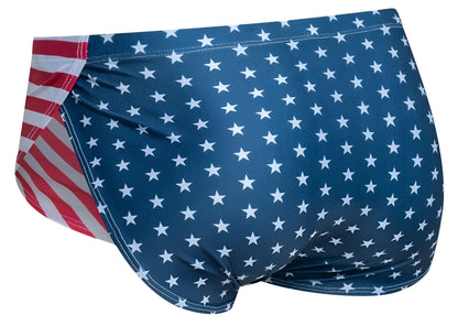 Blue swim trunks with white stars and red white striped side panel for justin+simon xsj09 running shorts usa flag