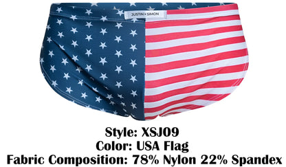 Justin simon xsj09 running shorts usa flag swim trunks with navy blue stars and red white stripes in nylon spandex