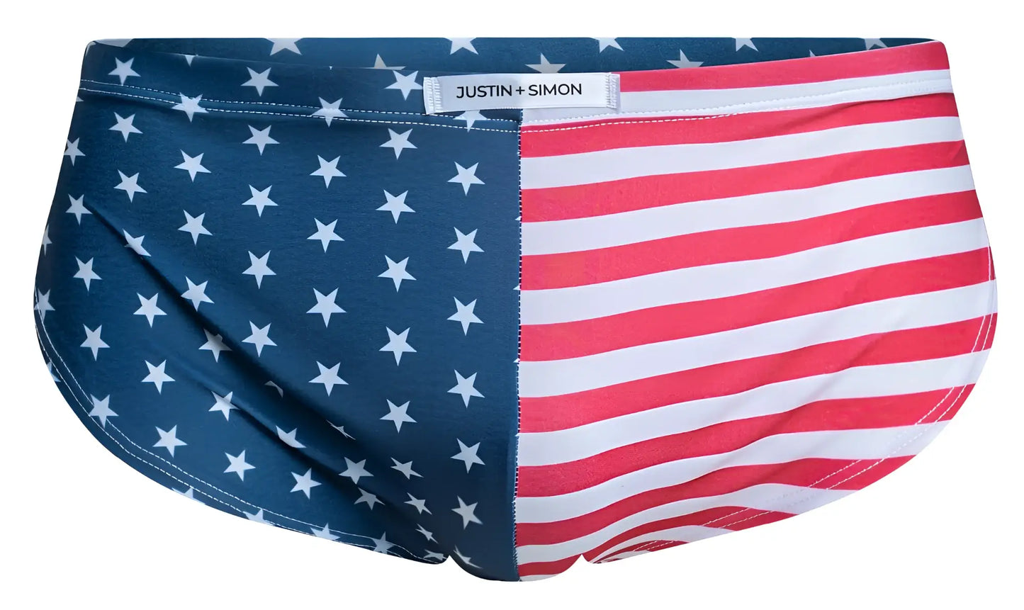 Justin simon men’s swim trunks xsj09 with bold usa flag design featuring red white stripes and blue with white stars