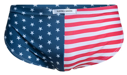 Justin simon men’s swim trunks xsj09 with bold usa flag design featuring red white stripes and blue with white stars