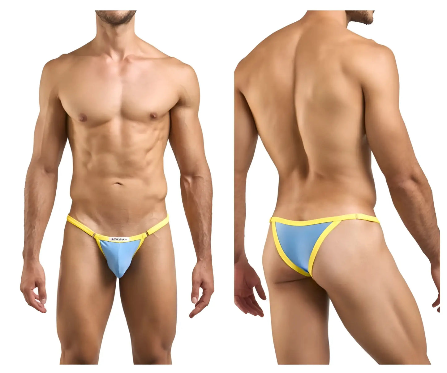 Justin simon xsj12 baby blue bikini thong with thin elastic waistband in blue and yellow for swimwear use